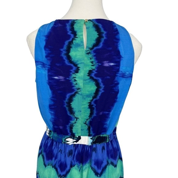 Donna Morgan Maxi Dress Size 6 Multicolor Blue Green Print Sleeveless Side Slit - Picture 4 of 7